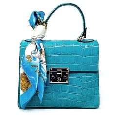 Aqua Color, Hardware Color Gold Leather Hand Bag With Shoulder Strap And Silk Scarf. Length = 10" Width = 4.5" Height = 12" Luxury Blue Bag As Fashion Accessory, Luxury Blue Stylish Bag, Luxury Blue Bag, Luxury Blue Square Box Bag, Designer Blue Square Bags, Luxury Blue Square Shoulder Bag, Designer Blue Square Satchel, Luxury Blue Satchel As Gift, Designer Blue Box Bag