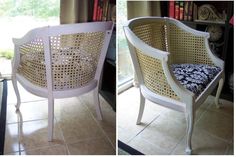 two pictures of the same chair in different stages of being reupholstered and refinished