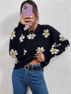 Floral Pattern Flower Sweater #popular #boho #fresh #BohoChic #NewArrivals #pomonaandpeach #fashion Trendy Floral Print Sweater, Spring Floral Print Long Sleeve Sweater, Black Floral Print Sweater For Winter, Winter Black Sweater With Floral Print, Long Sleeve Floral Print Sweater For Spring, Fall Floral Print Crew Neck Sweater, Floral Print Crew Neck Sweater For Fall, Black Long Sleeve Sweater With Floral Print, Black Crew Neck Sweater For Spring