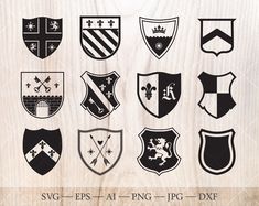 several shields are shown in black and white against a wooden background with the words, sncps al png = ppg = pre - dxf