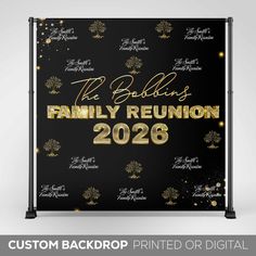 a black and gold backdrop with the words family reunion in gold foil on it's side