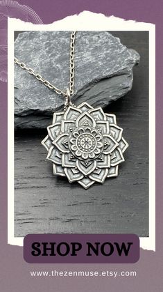 large sterling silver mandala pendant necklace on a oxidized chain. Sterling Silver Flower Pendant With Oxidized Finish, Antique Silver Flower Pendant Necklace In Sterling Silver, Sterling Silver Flower Pendant Necklace In Antique Silver, Antique Silver Flower Pendant Necklace With Engravings, Antique Silver Sterling Silver Flower Pendant Necklace, Antique Silver Engraved Flower Pendant Necklace, Silver Engraved Flower Pendant Necklace, Sterling Silver Flower Pendant In Antique Silver, Antique Silver Sterling Flower Pendant Jewelry