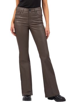 Easy to style up or down, these dramatic jeans feature full-length flared legs, a leather-like matte coating and Fab Ab shaping pockets that flatten and smooth. 33" inseam; 21" leg opening; 10 1/2" front rise; 14 1/2" back rise (size 8) 59% modal, 39% polyester, 2% Lycra® spandex Machine wash, tumble dry Imported High Waist Flare Jeans, Brown Jeans, Bottoms Pants, Jeans Pants, Flare Jeans, Womens Bottoms, Full Length, High Waist, Nordstrom