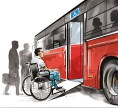 a man in a wheel chair next to a bus