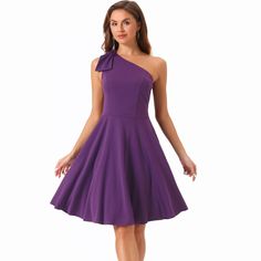 This fit-and-flare dress with pockets, made of soft and breathable fabric, is very comfy to wear. The one-shoulder-with-a-bow design makes this skater dress cute yet lady chic. Cute and gorgeous, it is fitted on top and then flares out beautifully, showing off your legs but not too short. This dress is soft-touching, lightweight, and breathable in solid color. Suitable for many different occasions. Perfect for night-outs, clubs, evening parties, cocktails, proms, weddings, dance parties, and other special situations. Pair it with high heels in spring, summer, autumn, and winter. Christmas Party Elegant, Dresses Dark Purple, One Shoulder Formal Dresses, Plum Dresses, Dress Dark Purple, Grade 8 Grad, Elegant Cocktail Party, Evening Cocktail Dresses, A Line Cocktail Dress