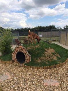 a dog house made out of rocks and grass