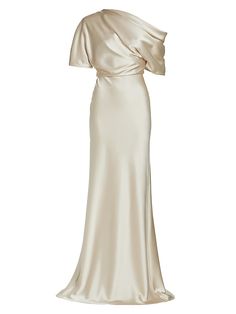 Classic Silk Evening Gown, Elegant Cream Evening Dress, Classic Silk Evening Dress For Weddings, Elegant Cream Evening Dress For Gala, White Pre-draped Gala Gown, White Pre-draped Evening Dress, Elegant Cream Gown, Classic White Evening Gown, Elegant Cream Ball Gown