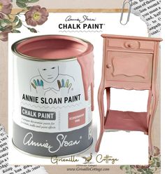 an image of a pink painted chair and table with the words annie sloan paint next to it