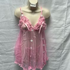 2pc Pink White Flower Open Back Babydoll Style Lace Lingerie Cute Pink Party Sleepwear, Cute Pink Sleepwear With Spaghetti Straps, Pink Nightie, Pink Lingerielook, Cheap Pink Lace Sleepwear, Feminine Pink Sleepwear With Delicate Lace, Lingerie Aesthetic, Pink Sheer Lace Sleepwear, Pink Sheer Camisole Sleepwear