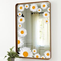 a mirror with daisies on it in front of a potted plant and window