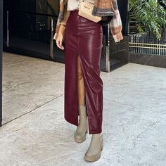 F00215720-103 Shopping Leather Skirt, Faux Red Leather Skirt, Faux Leather Skirt Long, Split Leather Skirt, Cheap Maxi Skirts, Skirts Winter, Skirt Maxi, Long Skirts For Women, Winter Skirt