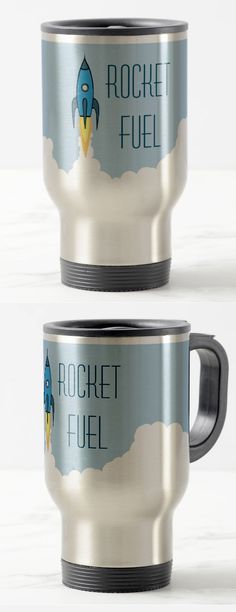 two stainless steel travel mugs with rocket fuel on them