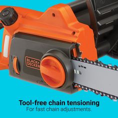 an orange and black chainsaw with the words tool - free chain tensioning for fast chain adjustments