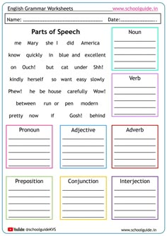 the parts of speech worksheet is shown in this printable activity for kids