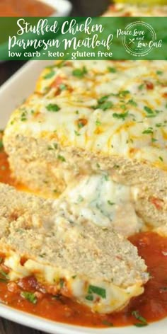 stuffed chicken parmesan meatloaf on a white plate