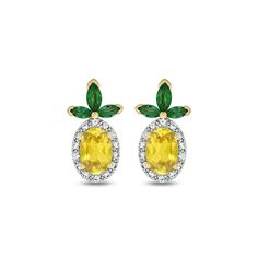 These stunning multi-gemstone pineapple stud earrings are a fun choice. Sterling silver with 14K gold plate Each earring features a 6.0 x 4.0mm oval yellow lab-created sapphire'pineapple' Shimmering diamond accents frame the pineapple Marquise-cut lab-created emerald leaves complete the designs Post earrings; friction backs Lab Created Emerald, Peoples Jewellers, Yellow Lab, Marquise Cut, Emerald Diamond, Post Earrings, Pineapple, Emerald, Sapphire