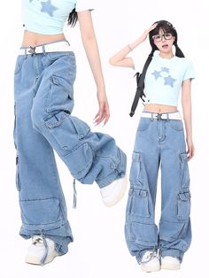 Age: 18-24 years old Size: S M L XL Fabric classification: denim Waist type: High waist Process: Wash Color classification: blue pink Pants placket: Zipper Ingredient content: 96% and above Applicable season: All seasons Year Season: Fall 2023 Thickness: Regular Trouser length: Long pants Style: Cargo pants Color: Light