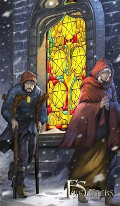 an image of two people standing in front of a stained glass window with snow on the ground