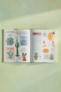 an open book with pictures of cactuses and other plants on it's cover