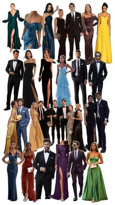 a collage of people dressed in formal wear and tuxedos, all wearing different colored gowns