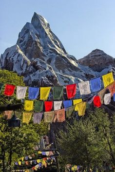 there are many colorful flags hanging in front of the mountain