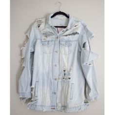 Women's Lola Shoetique Blue Ripped/Shredded Long Sleeve Jean Jacket Brand: Lola Shoetique Size: Large Length: 29.5 Inches Width: 40 Inches Sleeves: 24 Inches Shoulder: 19 Inches Bleached Long Sleeve Outerwear For Fall, Oversized Ripped Blue Outerwear, Washed Blue Long Sleeve Outerwear With Frayed Hem, Distressed Washed Blue Long Sleeve Outerwear, Oversized Ripped Light Wash Outerwear, White Distressed Long Sleeve Outerwear, Distressed White Denim Outerwear, Bleached Jean Jacket, Long Sleeve Jean Jacket