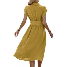 Yellow Button Lapel Pocket Midi Dress with Tie Yellow Midi Dress With Pockets, Yellow Button Closure Dress For Fall, Yellow Button-up Shirt Dress With Buttons, Yellow Fitted Button-up Dress, Yellow Cotton Button-up Dress, Dress With Tie, Midi Dress, Yellow, Womens Dresses