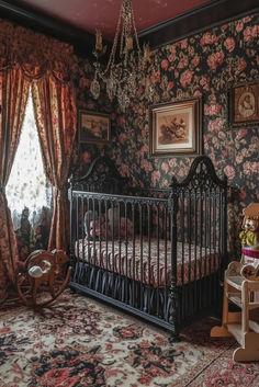 a baby crib in a room with floral wallpaper