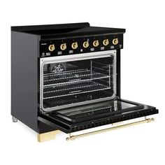 an oven with the door open and two burners on it's side, in front of a white background