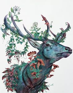 a drawing of a deer with antlers on it's head and flowers growing out of its antlers