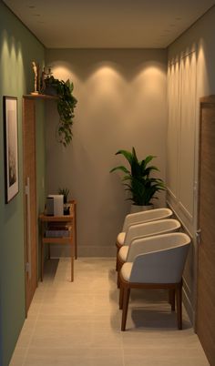 an empty waiting room with two chairs and a potted plant