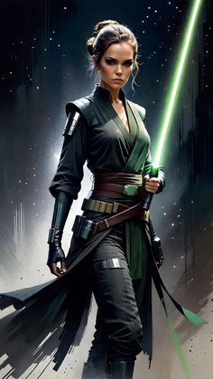 a woman dressed as star wars character holding a green light saber in her right hand