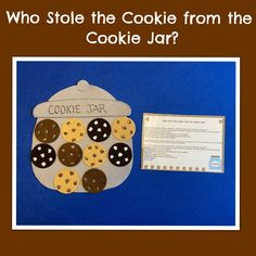 a cookie jar with cookies on it next to a paper card and envelope that says who stole the cookie from the cookie jar?