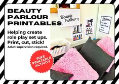 a black and white striped room with pink pillows on the couch, and text reading beauty parlour printables helping create role play set ups print, cut