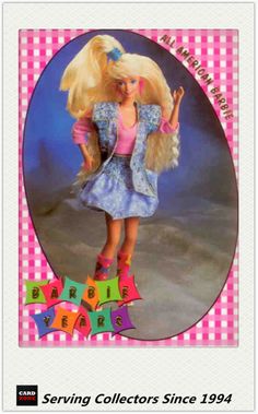 a barbie doll with blonde hair and blue dress in front of a pink checkered background