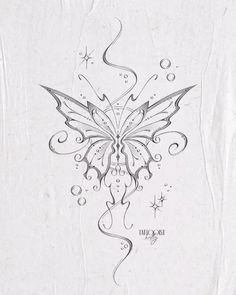 a drawing of a butterfly with swirls and stars on it's back side