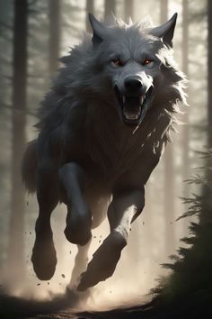 a wolf running through the woods with its mouth open