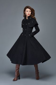 Dress Coat Outfit, Fit And Flare Coat, Coat Cape, Pomegranate Necklace, Hunter Outfit, Princess Coat, Long Black Coat, Long Wool Coat, Winter Outerwear