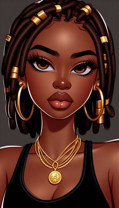 A close-up cartoon-style image of an African girl with dreadlocks. She is adorned with gold jewelry, including a pendant necklace and hoop earrings. She is wearing a gym bra with a solid light black background. Black Women Wallpaper Iphone, Black Female Cartoon, Black Cartoon Girl, Caricature Drawings, African Tattoo, Black Betty Boop