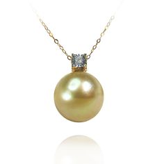 Golden Pearl In 18K Gold diamond Pendant, 13.5-14MM Australian South Sea Cultured Pearl And 18K Solid Gold Genuine Diamond Accent Pendant Classic Gold Diamond Pearl Necklace, Elegant Yellow Pearl Necklaces, Elegant Yellow Pearl Necklace, Yellow Gold Pearl Pendant Necklace With Diamonds, Elegant Yellow Necklace With High Luster, Elegant Yellow Pearl Necklace For Formal Occasions, Elegant Yellow High Luster Necklace, Yellow Round Pearl Pendant Jewelry, Yellow Round Pearl Necklace As A Gift