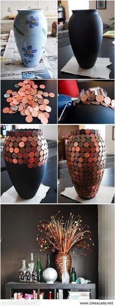 a collage of photos showing different vases with coins in them and the words pint on it