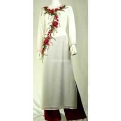 ÁO DÀI HOA Trắng PHA LÊ Hoa Đỏ | White AO DAI Red FLOWER LUNAR NEW YEAR White Ao Dai For Festive Occasions, Traditional White Ao Dai For Formal Occasions, Traditional White Ao Dai For Party, Ao Dai Red, Lunar New Year, Red Flower, Lunar New, Red Fabric, Yellow Flowers