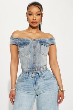 Available In Light Wash. Denim Corset Top Strapless Boning Detail Off Shoulder Button Down 2 Front Pockets Washed Cropped Non Stretch Shell: 65% Cotton 34% Polyester 1% Spandex Imported | For Keeps Denim Corset Top in Light Wash size XS by Fashion Nova Denim Top With Button Closure, Fitted Denim Jacket With Button Closure For Summer, Dark Wash Cropped Top With Button Closure, Summer Cropped Denim Top With Button Closure, Trendy Dark Crop Top, Trendy Medium Wash Crop Top, Fitted Denim Jacket For Summer, Denim Corset Outfit, Corset Top Strapless