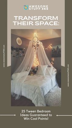 a bed with white sheets and lights on the headboard, in front of a poster that says transform their space