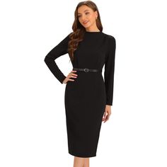 The Allegra K Work Sheath Dress for Women features a stylish stand collar and belted waist, adding an elegant touch to your wardrobe. This sheath dress is made from 95% Polyester and 5% Spandex fabric, ensuring comfort and a flattering fit. Ideal for various occasions such as work, office, business, career, professional settings, daily wear, and casual outings like visiting a coffee shop. The midi length and long sleeves make it suitable for different seasons. Pair it with high heels and a prett Nancy Wilson, Work Dresses, Business Career, Midi Slip Dress, Ballet Dress, Maxi Jersey Dress, Maxi Shirt Dress, Black Sheath Dress, Office Business