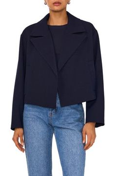 Pull together your look with the contemporary style of a go-to jacket featuring wide notched lapels and a boxy, oversized fit. 21" length (size 8) Open front Notched lapels Front welt pockets Lined 99% Tencel® lyocell, 1% spandex Tencel lyocell is a more-sustainably produced fiber made with closed-loop processing Dry clean Imported Chic Oversized Outerwear With Welt Pockets, Casual Notch Lapel Cropped Jacket, Single Breasted, Chic Notch Lapel Outerwear With Relaxed Fit, Modern Collared Outerwear For Office, Chic Outerwear With Notch Lapel And Relaxed Fit, Chic Relaxed Fit Outerwear With Notch Lapel, Oversized Cropped Jacket For Work In Fall, Chic Oversized Cropped Jacket With Pockets, Relaxed Fit Lapel Collar Outerwear For Office