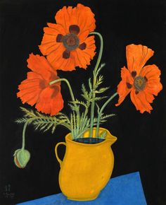 an oil painting of orange flowers in a yellow vase