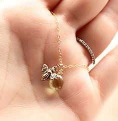 Tiny Gold Honey Bee Necklace, Gold Filled Gemstone Necklace - Bronze Honeybee Charm - Minimal Everyd Bee Sweet, Honey Jewelry, Bee Jewelry, Bee Necklace, Bee Charms, Everyday Necklace, Lemon Quartz, Simple Necklace, Gorgeous Necklaces