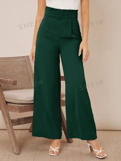 Details:Belted \nStyle:Elegant \nDetails:Zipper \nClosure Type:Zipper Fly \nColor:Dark Green \nPattern Type:Plain \nType:Wide Leg \nWaist Line:High Waist \nLength:Long \nFit Type:Loose \nFabric:Non-Stretch \nMaterial:Woven Fabric \nComposition:100% Polyester \nCare Instructions:Machine wash or professional dry clean \nTemperature:Spring/Fall (18-25℃/63-77℉) \nBody:Unlined \nBelt:Yes \nSheer:No \n Slacks For Women, Women Pants, Pantalon Large, Leg Pants, Woven Fabric, Wide Leg Pants, Dark Green, Womens Bottoms, Wide Leg