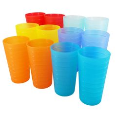 many different colored plastic cups lined up together